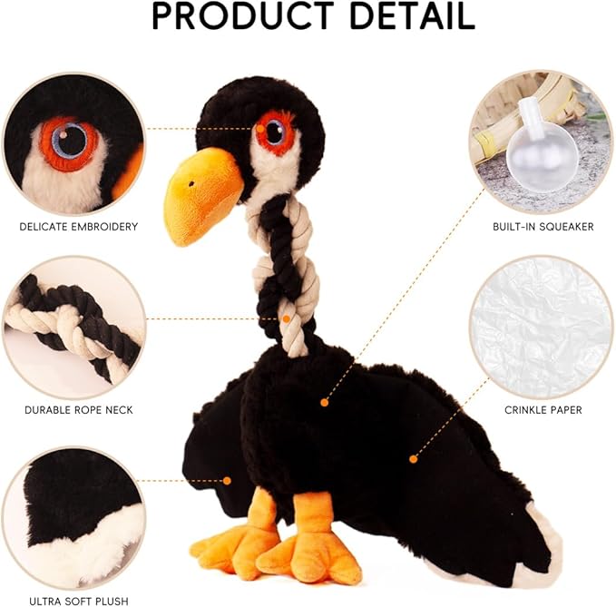Cute Animal Squeaky Dog Toys for Large and Medium Breeds and Pupplies, Stuffed Chew Toys with Crinkle Paper and Durable Ropes, Soft Tug Plush Dog Toys for Teething (Black Bird)