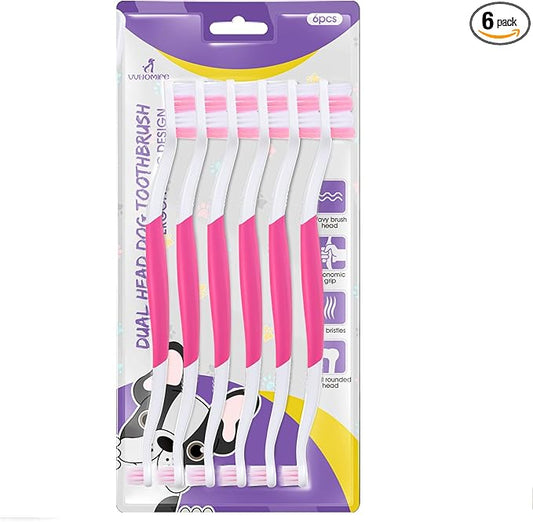Dog Toothbrush – Newly Upgraded Dual-Head Design with 60° Wavy Bristles – Gently Surrounds Teeth for Deep Cleaning and Plaque Removal – Non-Slip Handle, Ideal for Daily Pet Dental Care (Pink, 6-Pack)