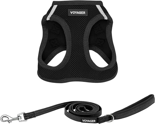 Voyager Step-in Air All Weather Mesh Harness and Reflective Dog 5 ft Leash Combo with Neoprene Handle, for Small, Medium and Large Breed Puppies by Best Pet Supplies - Set (Black), S