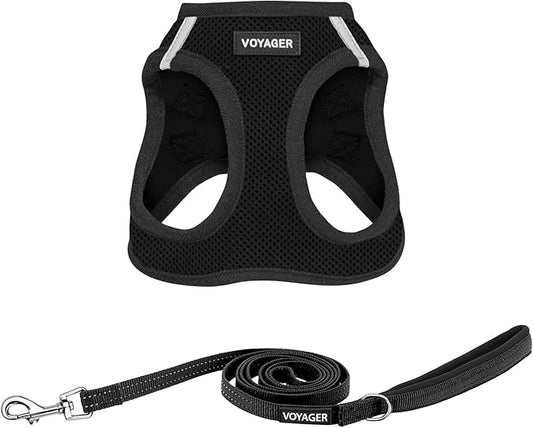 Voyager Step-in Air All Weather Mesh Harness and Reflective Dog 5 ft Leash Combo with Neoprene Handle, for Small, Medium and Large Breed Puppies by Best Pet Supplies - Set (Black), L