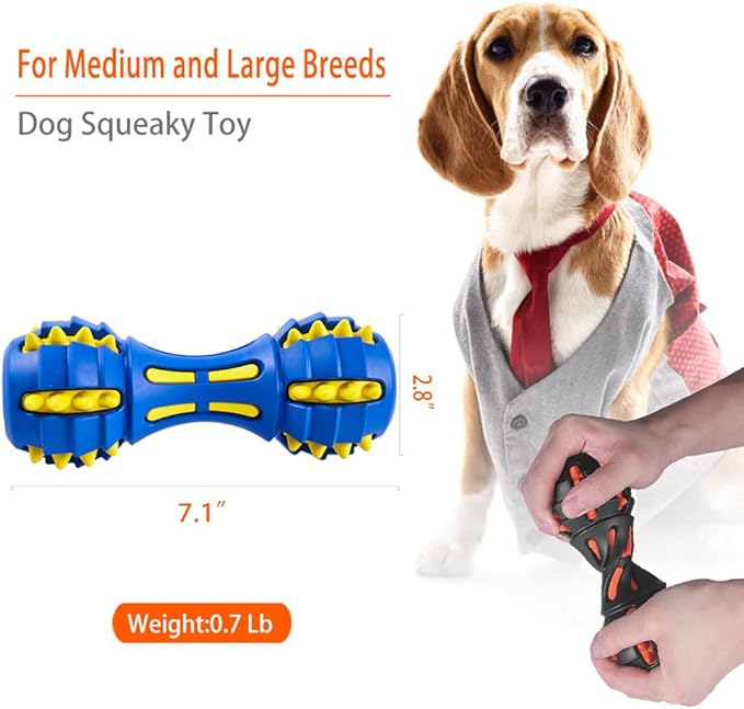 AUSCAT Teething Dog Toys, Durable Squeaky Dog Toys, Rubber Chew Toys for Dogs, Dumbbell Shape, Blue and Black