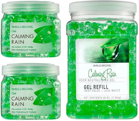 SMELLS BEGONE 72 oz Odor Eliminator Gel Value Pack - Air Freshener - Absorbs & Eliminates Odors in Bathrooms, Basements, Pet Areas, Boats, RVs & Cars - Made with Essential Oils - Calming Rain Scent