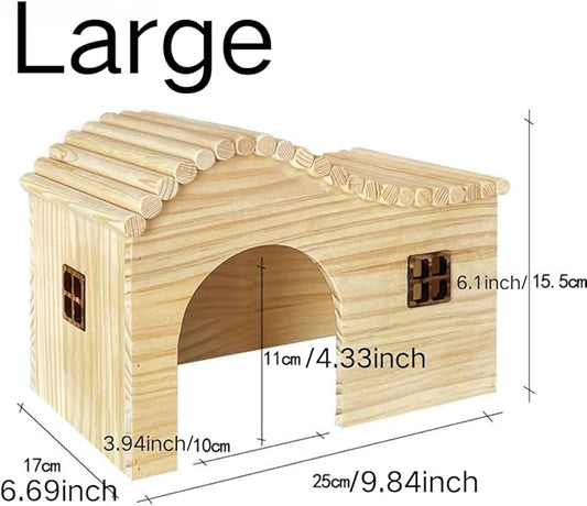 Guinea Pig Wood Hideout Hut with Window Small Animal Wooden House for Rat Chinchilla Hedgehog Hamster Rabbit Bunny (Large)
