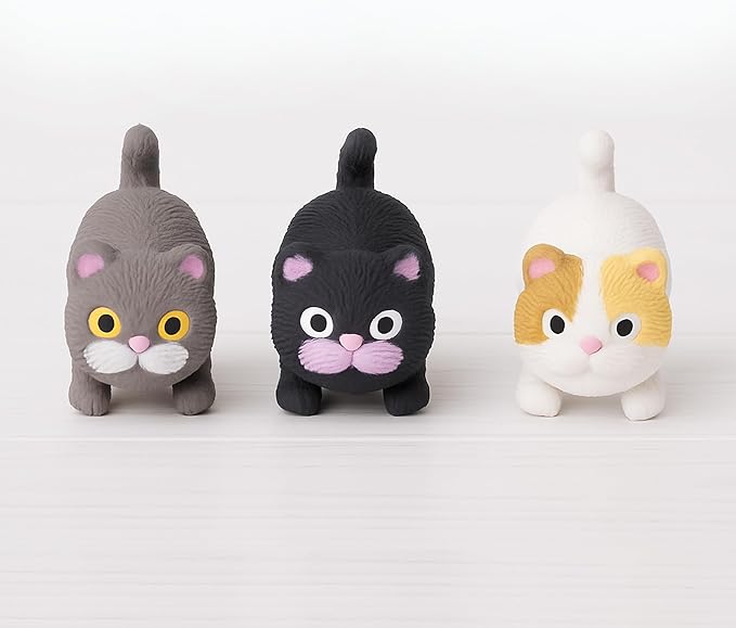 Farm Fresh Barnyard Cats – 3-Pack Mini Cat Fidget Toys for Kids – Soft Silicone Animal Squishies in White, Black & Grey – Squeeze Toy Set in Carrier Boxes – Party Favor, Gift for Girls and Boys