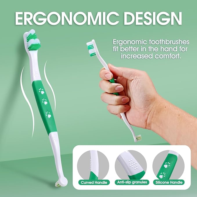 Dog Toothbrush – Newly Upgraded Dual-Head Design with 60° Wavy Bristles – Gently Surrounds Teeth for Deep Cleaning and Plaque Removal – Non-Slip Handle, Ideal for Daily Pet Dental Care (Green, 6-Pack)