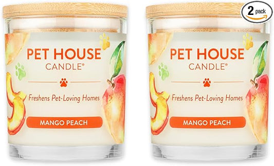 Pet House Candles, Plant-Based, Clean Burning, Long Lasting Pet Odor Candles for Home, 60 Hour Burn Time with a Natural Fiber Wick - Mango Peach, 2 Pack