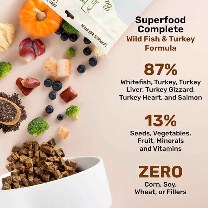 Superfood Complete, Air-Dried Adult Dog Food - High Protein, Zero Fillers, Superfood Nutrition by Katherine Heigl (64 oz., Wild Fish and Turkey Formula)