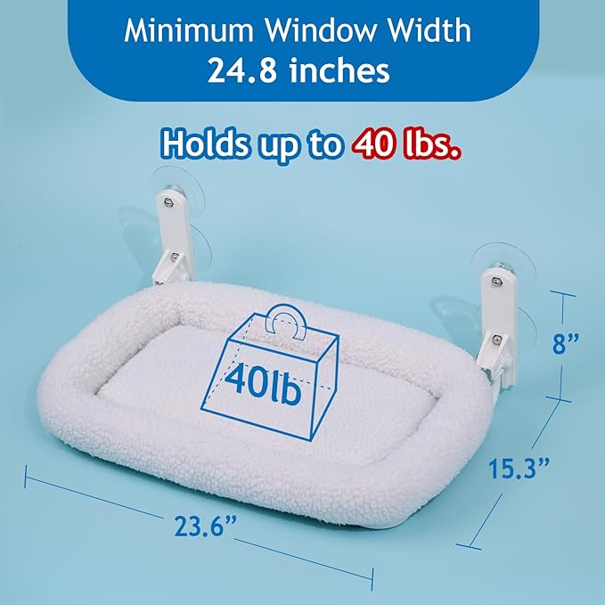 Zakkart Foldable Cat Hammock for Window - Cordless, Embeded Machine Washable Bed, Robust Metal Frame - Cat Window Perch for Large Cats and Kittens (White Bolster Bed, Large)