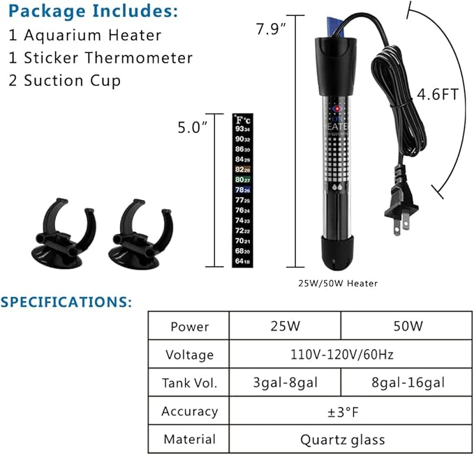 DOMICA 25W Adjustable Aquarium Heater, Submersible Water Heater for Small Fish Tank (3-8 gallons) with Free Thermometer Sticker