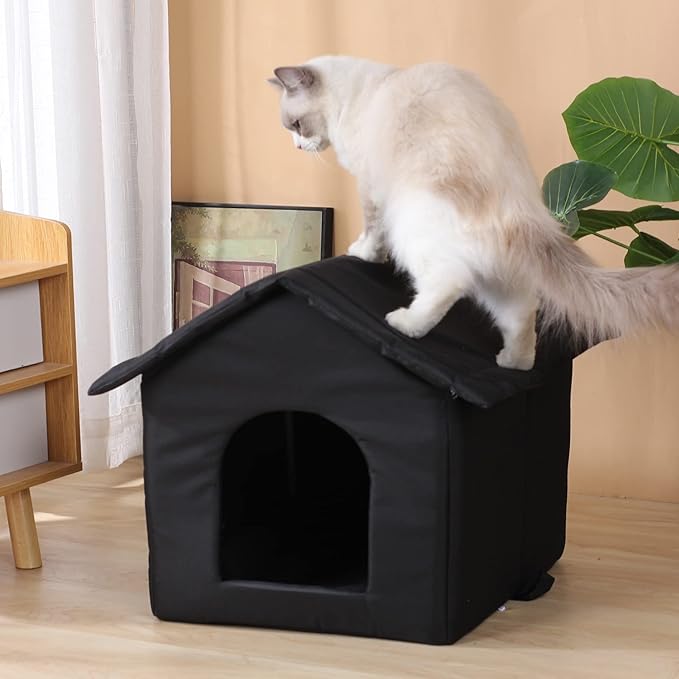 Outdoor Cat House Cat House for Outdoor and Indoor Use - Waterproof Shelter for Cats, Dogs, and Feral Animals (Black cat House, Large)
