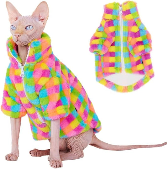 Cat Winter Fleece Jacket with Zipper, Warm Rainbow Fleece Hoodie Fall and Winter, Sphynx Cats Chihuahua Yorkie Puppy Two-Legged Easy to Wear Cat Coat with Zipper (L (5.5-8lbs))