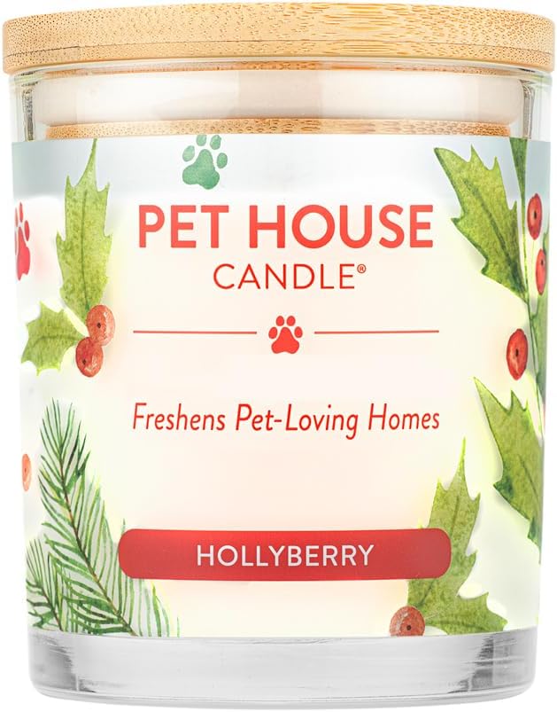 One Fur All Pet House Candle Plant-Based/Soy - Clean Burning Scented, Long Lasting Pet Odor Candle for Home - Hollyberry