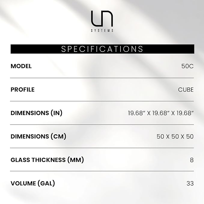 UNS Ultra Clear Rimless Tank - 33GAL | 125L - 19.68x19.68x19.68 | 50x50x50 CM, 8mm Glass Thickness, Leveling Mat Included - Low Iron, High Clarity Fish Tank w/ 45° Mitered Edge - [50C]