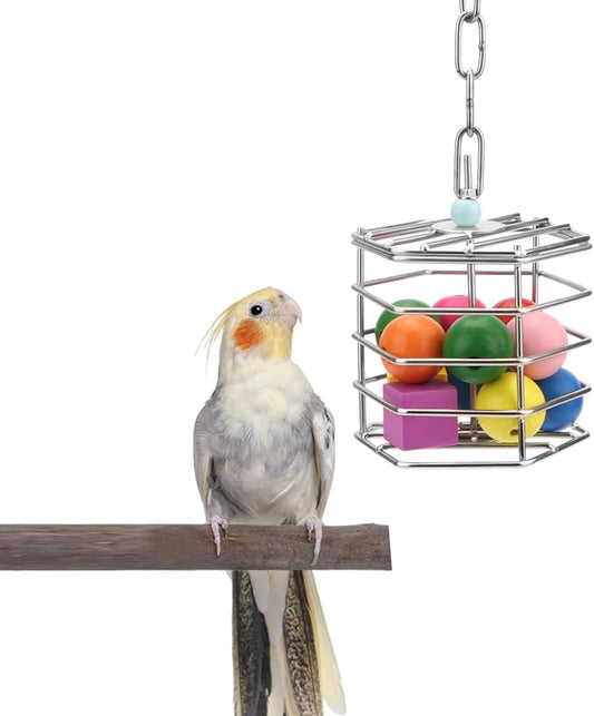 Bird Stainless Steel Foraging Feeder Parrot Hanging Feeding Box for Macaw African Grey Cockatoo Cockatiel Amazon Cage (Foraging Feeder with Blocks)