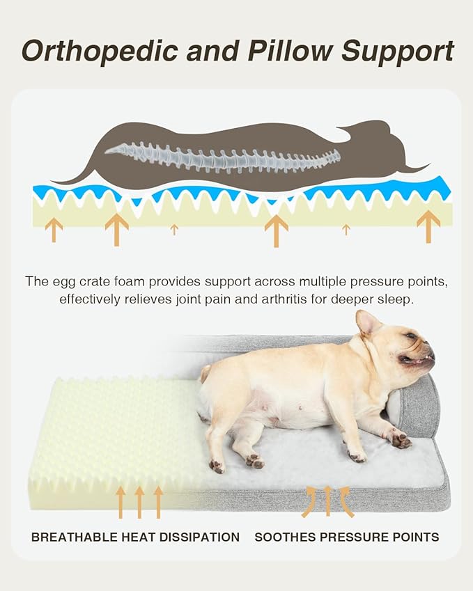KSIIA Washable Dog Bed for Small Dogs U-Shaped Bolster Pet Couch with Removable Waterproof Cover, Non-Slip Bottom and Egg-Crate Orthopedic Foam Pet Bed, 29 x 18 Inch, Gray
