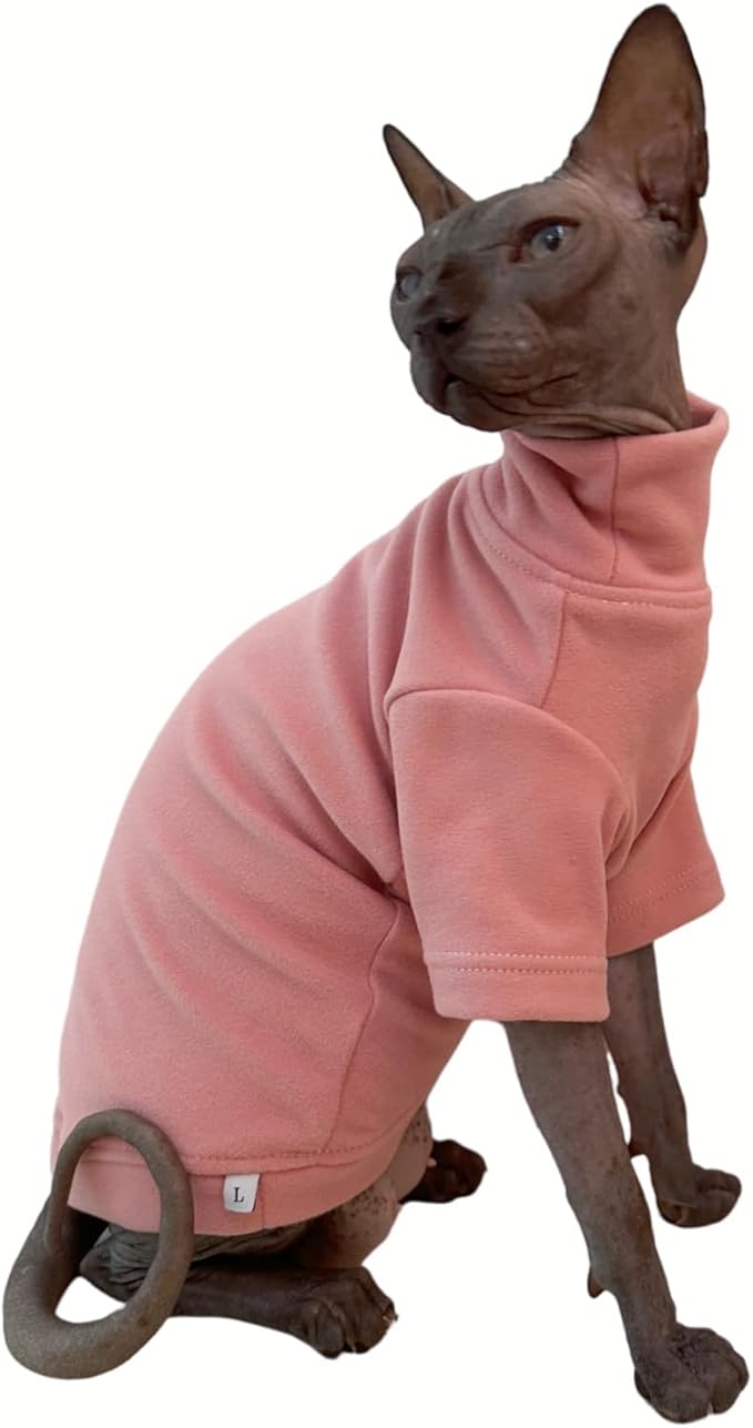 Sphynx Cats Solid Warm Fleece Shirt Cat Turtleneck Undershirt Thermal Hairless Cat Clothes for Sphynx, Devon, Cornish Cat Clothes and Small Kitten and Dogs (Pink, X-Large)