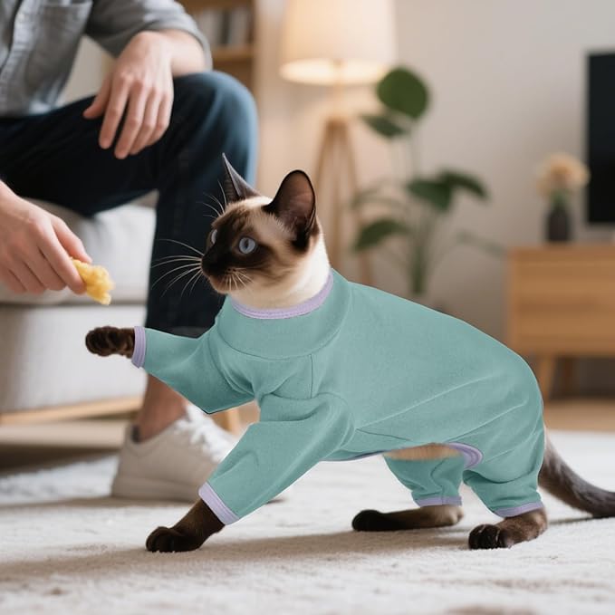DENTRUN Cat Clothes for Hair Control with Hair Sticky Fabric - Soft Recovery Suit & Breathable Lint-Resistant Cat Sweater for Cats Only, Kitten Onesie Pajamas, L, Bean Green
