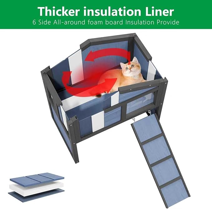 2 Story Wooden Outdoor Cat House Weatherproof with Escape Doors, Openable Roof, Feral Cat Shelter, Suitable for Small Animal