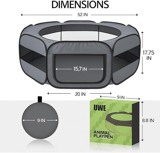 UWE Large Small Animal Playpen, XL Portable Pet Playpen for Rabbit, Kitten, Guinea Pig, Hamster, Puppy – Waterproof Foldable Mesh Tent with Zipper Cover, Indoor Outdoor Use, Dark Grey