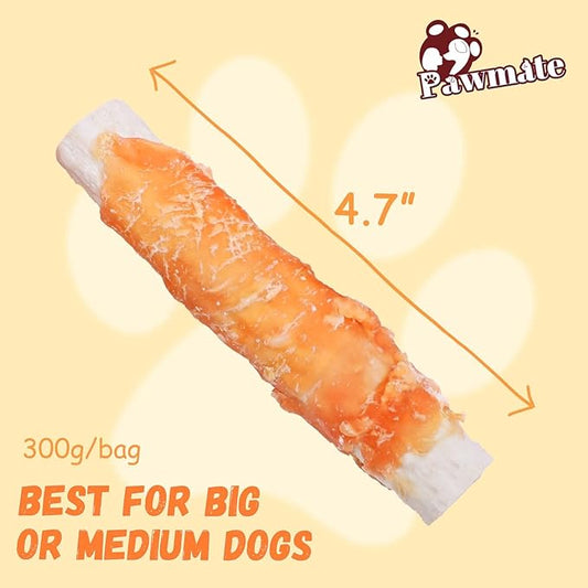 Dog Treats Large Breed, Chicken Wrapped Rawhide Sticks with Sweet Potato Sandwich, Rawhide Dog Chews Training Rewards Snacks for Small Medium Large Dogs, 6-7 Counts, 10.6 oz