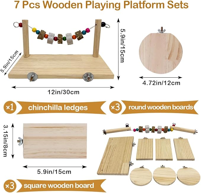 7 Pcs Chinchilla Ledges Wood Sets, Hamster Wooden Stand Platform with Lava Ledge Blocks Chew Toys Small Animal Cage Accessories for Rat Gerbil Guinea Pig Parrot Chipmunk Squirrel Mouse