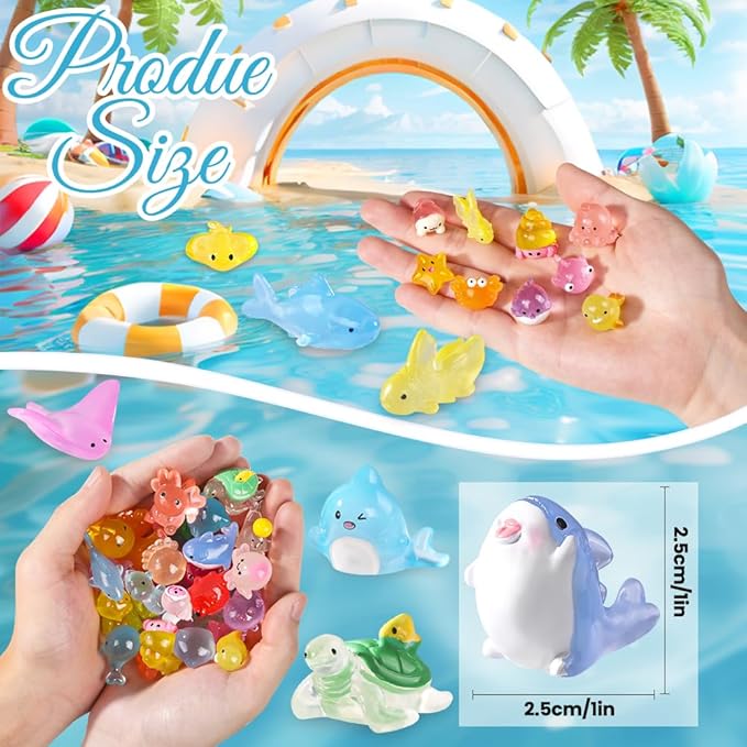 60PCS Luminous Mini Resin Animals 60 Styles Tiny Sea Animals Glow in The Dark Miniature Little Ocean Figures to Hide Small Plastic Animal for Party Favors Bag Fillers Garden Dollhouse Decor