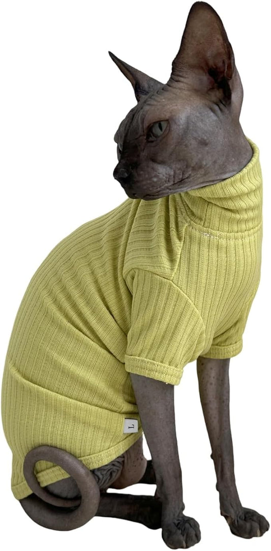 Sphynx Cats Shirt Cat Turtleneck Cotton Sweater Pullover Kitten T-Shirts with Sleeves Cat Pajamas Jumpsuit for Sphynx Cornish Rex, Devon Rex, Peterbald (Small, Green Yellow)