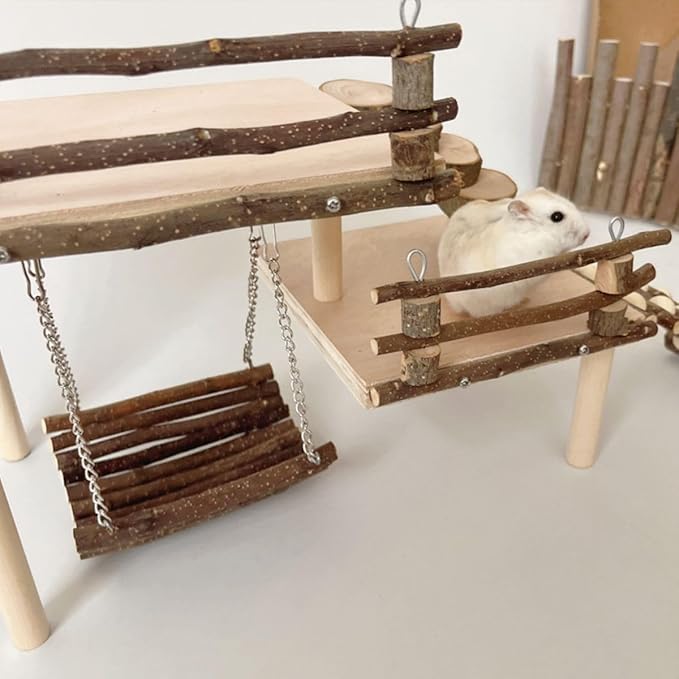 Hamster Climbing Toys DIY Natural Wooden Playing Platform with Swing Apple Wood Hamster Playground with 2 Platform, 5 Steps Ladder and 6 Steps Bridge Small Animal Chewing Toys for Gift