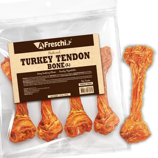 AFreschi Natural Turkey Tendon Bone (L) 10 oz, USA-Sourced Turkey Tendon, All Natural Puppy Chew, Hypoallergenic, Rawhide Alternative, for Large Breeds