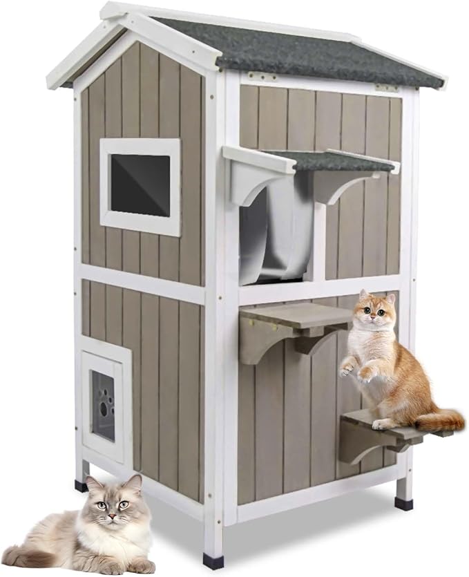 Outdoor Cat House Weatherproof Cats Shelter for Feral Kitten Pet Houses for 1-2 Small Animlas 2 Story Wooden Houses for Indoor Outdoor Cats with Escape Doors (23.5" L x 27" W x 38" H Grey)