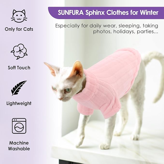 SUNFURA Sweaters for Cats, Hairless Sphynx Sweater Kitten Pullover with Sleeves, Warm and Soft Cat Pajamas Fleece Sweatshirt Jumpsuit, Turtleneck Clothes for Fall Winter, Pink S
