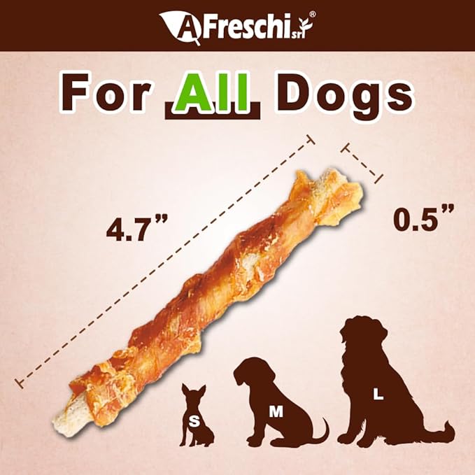 A Freschi Wrapped Turkey Tendon with Brown Rice Stick 3.5 oz, USA-Sourced Turkey Tendon, Dog Treats for Wrapped Series, All Natural Human Grade Dog Treat, Hypoallergenic, Rawhide Alternative