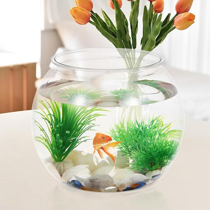 POPETPOP Plastic Aquarium Betta Fish Tank: Large Clear Fishbowl Goldfish Bowl - Tank Vase Pot Clear Bubble Planter with Break Resistant for Home décor Wedding Event Party 8.67 x 6.89 Inches
