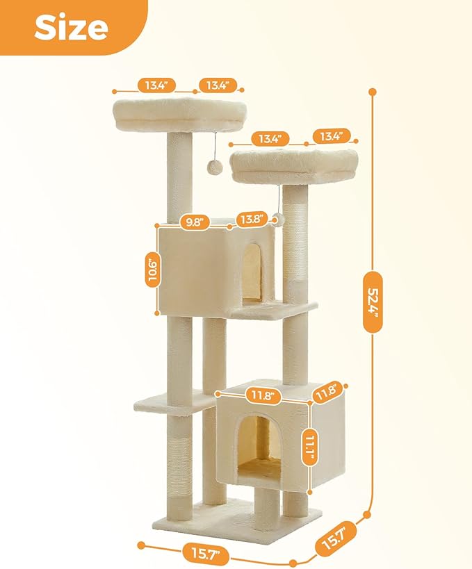 Cat Tree, 52.4" Multilevel Cat Tower for Indoor Cats, Plush Cat Tree House with 2 Padded Perches, 2 Condos & 2 Scratching Posts, Beige