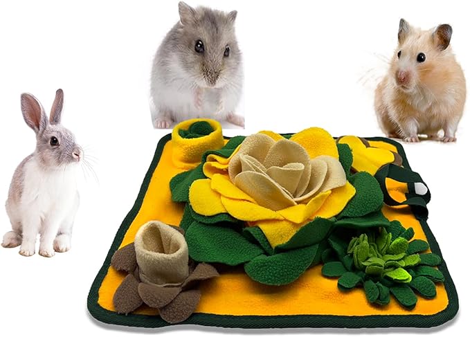 Rabbit Foraging Mat，Bunny Snuffle Mat for Hamsters Puzzle Toys Ferrets Interactive Feeding Mat for Guinea Pigs Hedgehog Chinchillas Small Animals Stress Relief (Yellow Green)