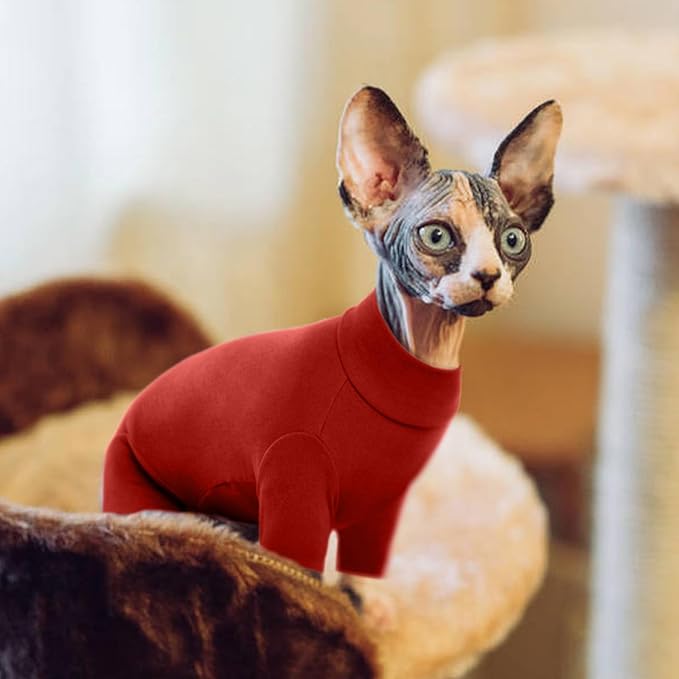 ROZKITCH Hairless Cat Clothes, Breathable Soft Cat Jumpers for Cats Only, Cat Coat with Four Legs, Warm Cat Sweater Cat T-Shirt Cat Pajamas Jumpsuit Vest Cornish Rex Devon Rex Peterbald Red XS