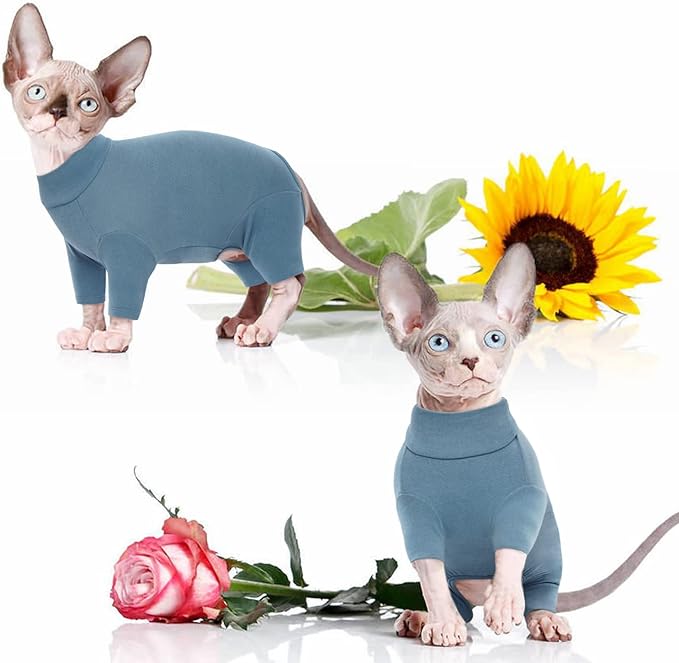 ROZKITCH Hairless Cat Clothes, Breathable Soft Cat Jumpers for Cats Only, Cat Coat with Four Legs, Warm Cat Sweater Cat T-Shirt Cat Pajamas Jumpsuit Vest Cornish Rex, Devon Rex, Peterbald Blue XL