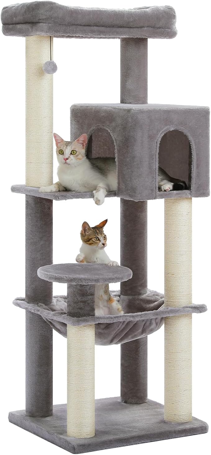 Large Cat Tree for Indoor Cats Large Adult, 57.8" Heavy Duty Cat Tower with Reinforced Scratching Posts (φ3.2in) and Plush Larger Hammock for Maine Coon & Big Cats, Supports 30lbs, Grey