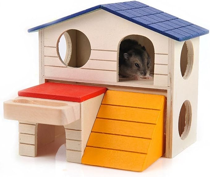Pet Small Animal Hideout Hamster House Deluxe Two Layers Wooden Hut Play Toys Chews