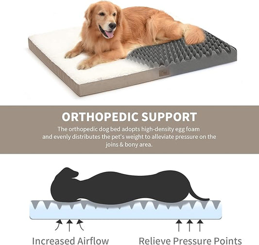 Orthopedic Dog Bed for Extra Large Dogs, XL Waterproof Pet Bed for Large Sized Dog, Egg Crate Foam Pet Bed with Removable Washable Oxford Cooling Cover, Khaki White