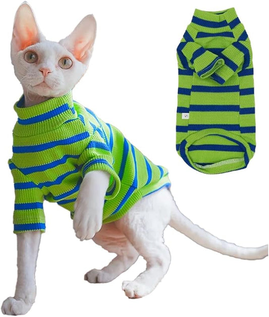 Striped Waffle Knit Shirt for Sphynx Cat, 2-Leg Long Sleeve Lightweight Outfit for Hairless Cats, Soft All-Season Pet Clothes (Green, X-Large (7-9.5 lbs))
