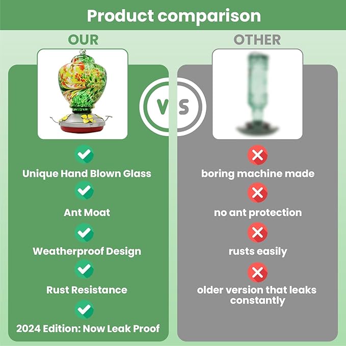 Nature Gear Hummingbird Feeder, Hanging-Mount Glass Hummingbird Feeders for Outdoors, Hand-Blown Glass Feeder with Ant Moat for Garden Hummingbirds, Easy to Clean & Rust Resistant, Emerald Green