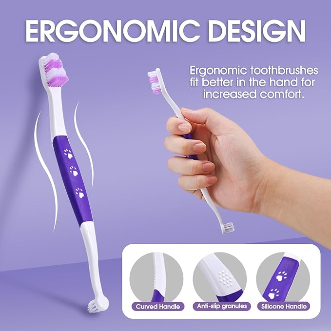Dog Toothbrush – Newly Upgraded Dual-Head Design with 60° Wavy Bristles–Gently Surrounds Teeth for Deep Cleaning and Plaque Removal – Non-Slip Handle, Ideal for Daily Pet Dental Care (Purple, 6-Pack)