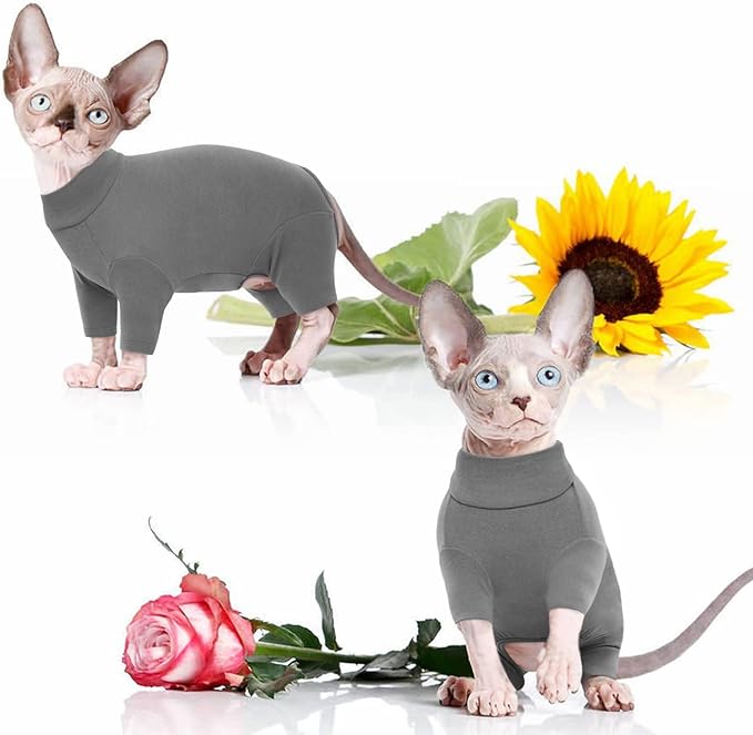 ROZKITCH Hairless Cat Clothes, Breathable Soft Cat Jumpers for Cats Only, Cat Coat with Four Legs, Warm Cat Sweater Cat T-Shirt Cat Pajamas Jumpsuit Vest Cornish Rex, Devon Rex, Peterbald Grey XS
