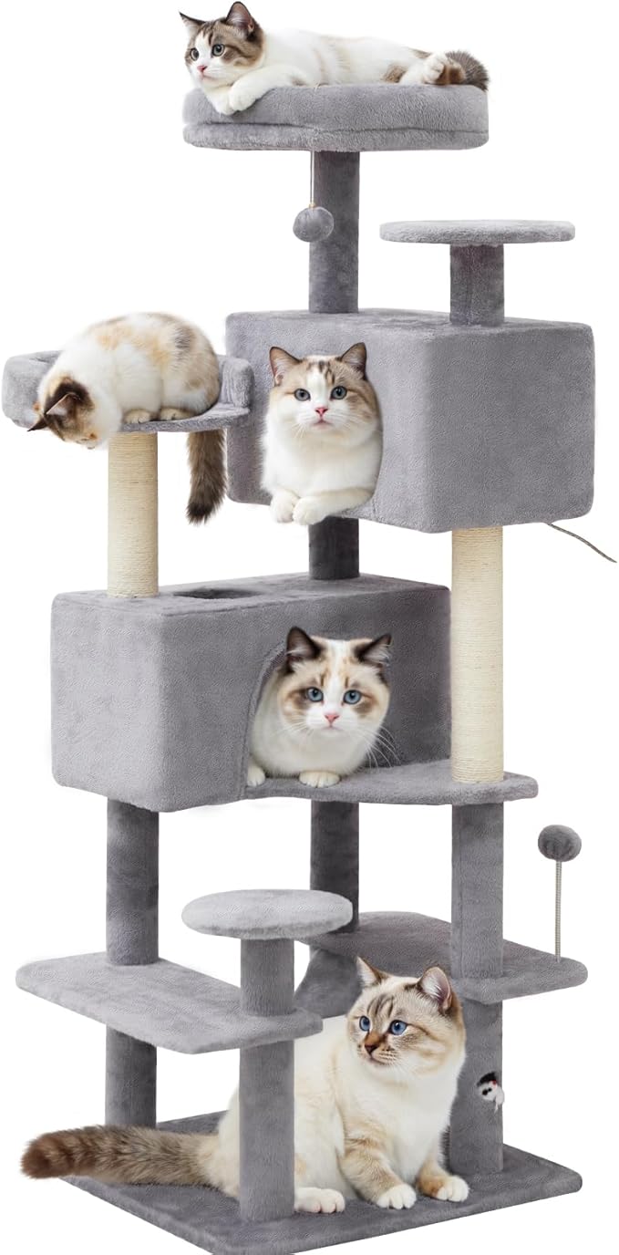 Cat Tree Tower with Large Hammock 54in Multi-Level Cozy Large Cat Tree with 2 Condo Top Perch Scratching Posts and Fun Cat Toys for Indoor Cats（Light Gray）