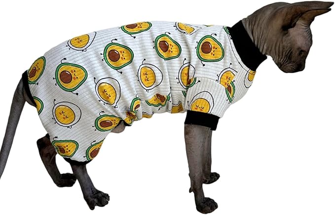 Sphynx Cat Four Leg Cotton Pajamas Elastic Pet Clothes for Hairless Cats Surgery Recovery Suit Cat Undershirt Clothes for Sphynx, Devon, Cornish (Egg & Avocado, S)