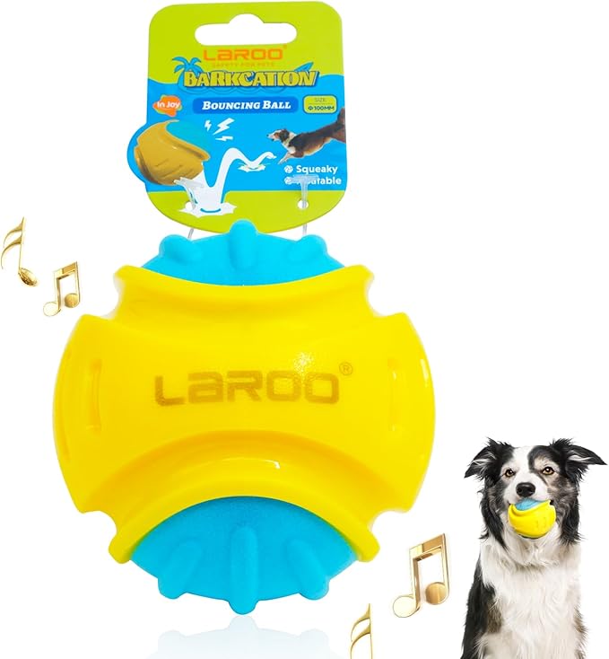 LaRoo Squeaky Dog Toy Ball, BPA Free Non-Toxic, High-Bounce & Waterproof, Floats in Water, Cleans Teeth， Relieves Anxiety, Interactive Chew Toy for Medium/Large Breeds, Indoor/Outdoor Play - 3.9''