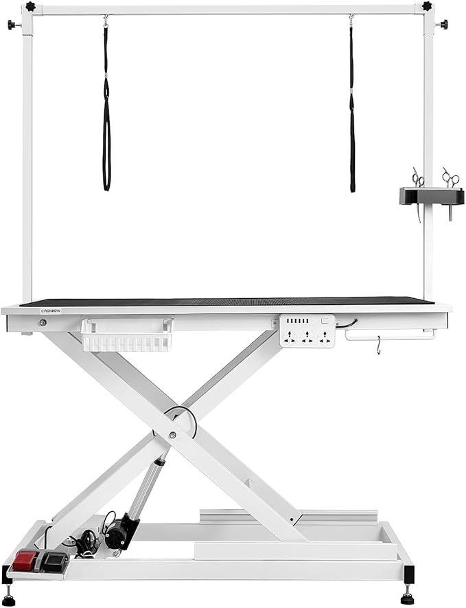 Electric Lift Pet Dog Grooming Table, 50Inch Height Adjustable Grooming Table for Large Dogs with Two Nooses, Wireless Remote, Tool Organizer, White