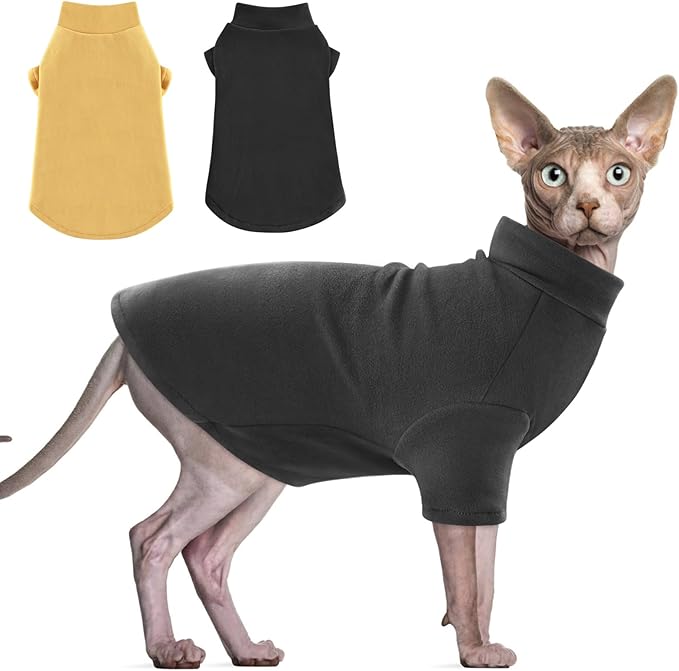 Idepet Sphynx Cats Sweater 2 Pack,Turtleneck Hairless Cat Shirt Soft and Warm Kitten Clothes with Sleeves Pullover Pet Winter Pajamas Jumpsuit for Cat Puppy (Black&Yellow, Small)