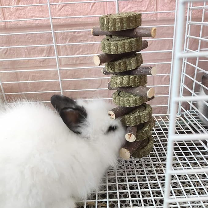 3Pieces Bunny Chew Toys for Teeth Natural Fruit Twigs Handmade Timothy Alfalfa Hay Grass Cakes for Guinea Pigs Hamsters Dwarf Rabbits Chinchillas Gerbils Improves Dental Health